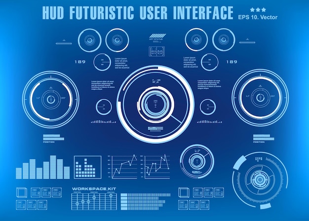 Il cruscotto dell'interfaccia utente blu futuristica dell'hud mostra l'obiettivo dello schermo della tecnologia della realtà virtuale