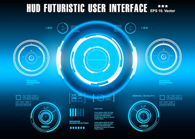 Hudの未来的な青いユーザーインターフェイスダッシュボードは、仮想現実技術の画面ターゲットを表示します