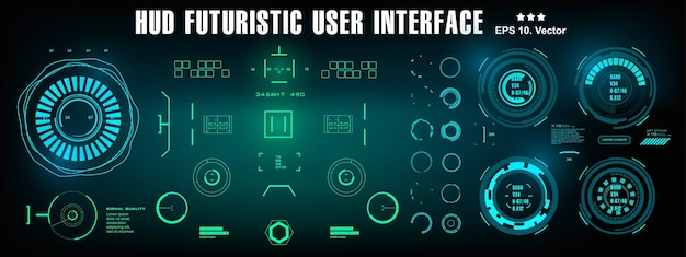 ベクトル hudの未来的な青いユーザーインターフェイスダッシュボードは、バーチャルリアリティテクノロジー画面を表示します