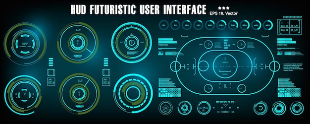 HUDの未来的な青いユーザーインターフェイスダッシュボードは、バーチャルリアリティテクノロジー画面を表示します