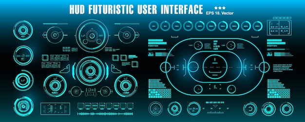 ベクトル hudの未来的な青いユーザーインターフェイスダッシュボードは、バーチャルリアリティテクノロジー画面を表示します