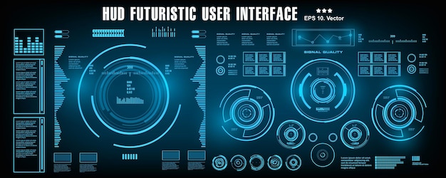 HUDの未来的な青いユーザーインターフェイスダッシュボードは、バーチャルリアリティテクノロジー画面を表示します