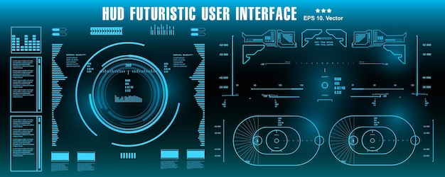 Hudの未来的な青いユーザーインターフェイスダッシュボードは、バーチャルリアリティテクノロジー画面を表示します