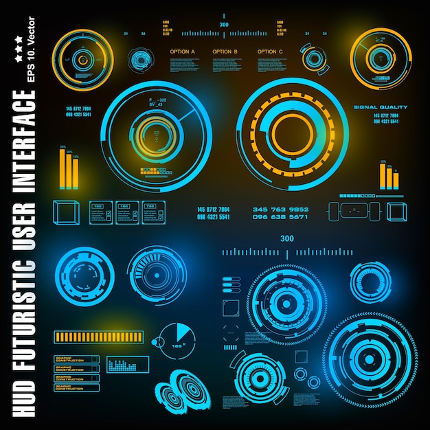 HUDの未来的な青いユーザーインターフェイスダッシュボードは、バーチャルリアリティテクノロジー画面を表示します