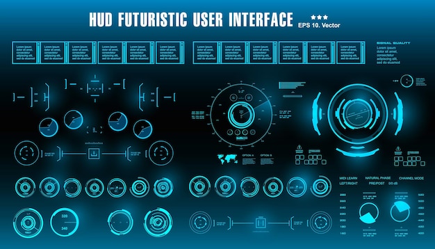 Il cruscotto dell'interfaccia utente blu futuristica hud visualizza lo schermo della tecnologia di realtà virtuale