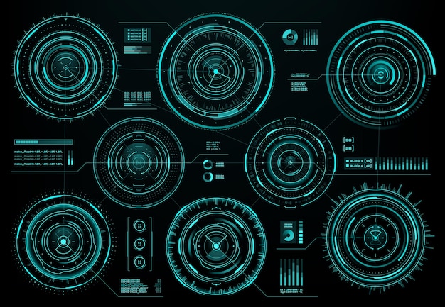 Pannello dello schermo dell'interfaccia circolare futuristica hud, interfaccia web fantascientifica e dati visivi infografici aziendali, vettore. elementi dell'interfaccia circolare hud con grafici digitali e diagrammi grafici sullo schermo delle informazioni