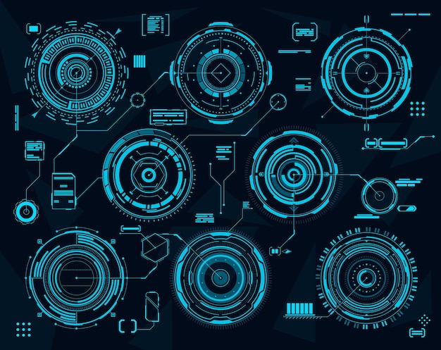 Футуристический круговой интерфейс HUD. Визуальные векторные графики данных, веб-панели Sci Fi, технологии. Элементы инфографики HUD с элементами управления цифровой диаграммой или виртуальным дисплеем, цель