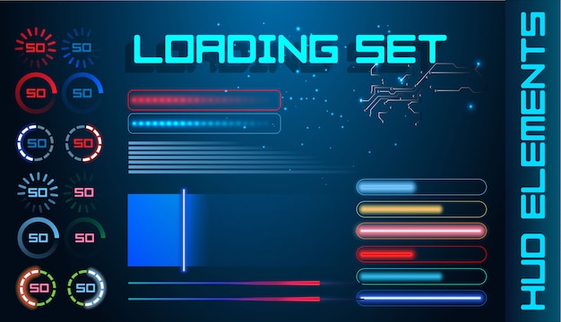 HUD Futuristic Element Loading Bars Set Vector Background. 