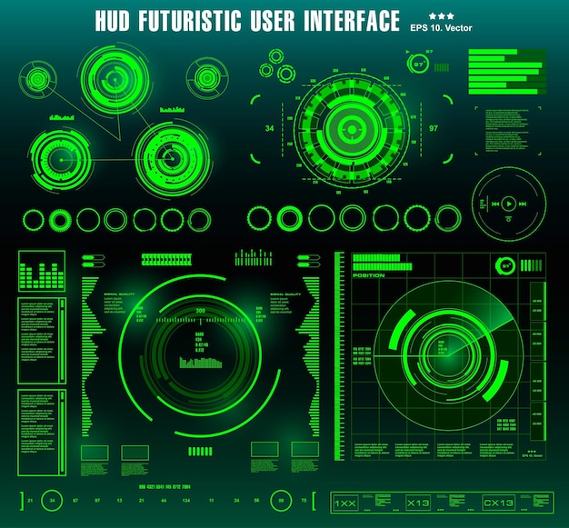 Hudの未来的な緑のユーザーインターフェイスダッシュボードは、仮想現実技術の画面ターゲットを表示します