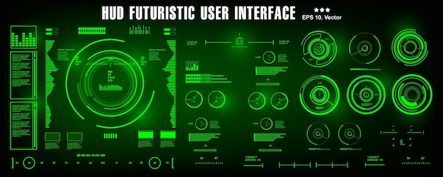 HUDの未来的な緑のユーザーインターフェイスダッシュボードは、仮想現実技術の画面ターゲットを表示します
