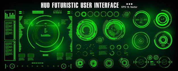 HUDの未来的なグリーンユーザーインターフェースダッシュボードはバーチャルリアリティテクノロジー画面を表示します