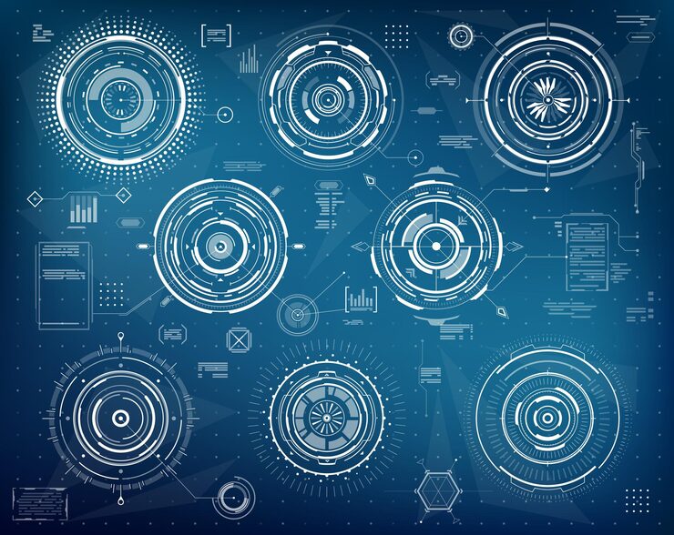 Vector hud 미래형 infographic 원형 요소, 웹 인터페이스 및 비즈니스 시각적 데이터, 벡터. hud 기술 그래프 및 ui 화면 디지털 요소, 가상 대시보드 디스플레이의 차트 다이어그램