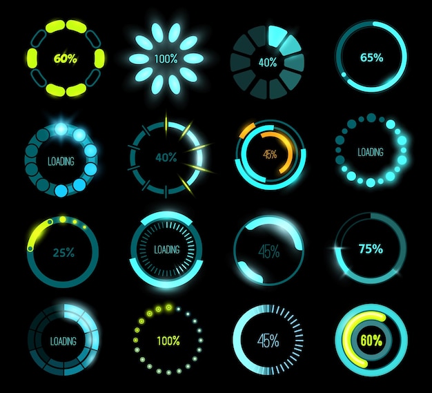 Hud futuristic loading bars, game or program ui interface. vector circular progress bars with glowing loading scales and percentage indicators, future loading technology bars of head up display