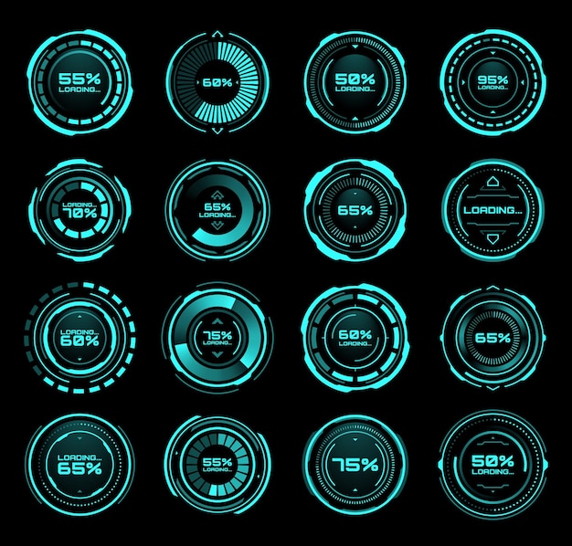 Hud barre di caricamento futuristiche delle icone vettoriali dell'interfaccia di processo e di stato. pannello della tecnologia digitale con barre di download hud su schermo al neon o controlli del cruscotto sul display con stato percentuale