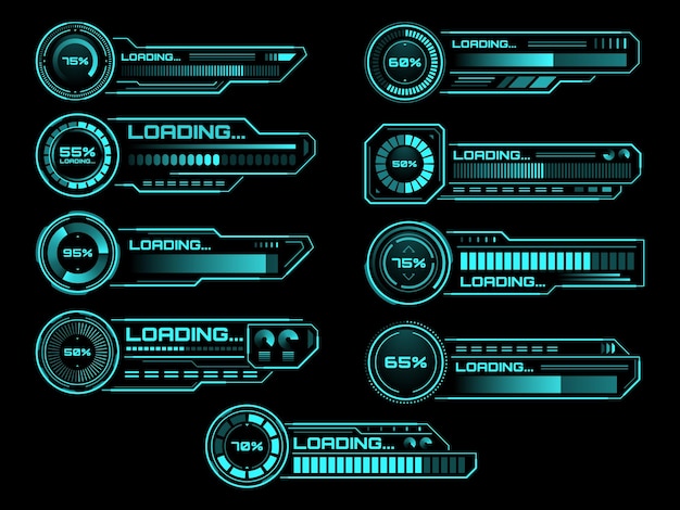 Processo di caricamento futuristico hud e barre di stato, icone dell'interfaccia vettoriale. barre di caricamento hud sullo schermo digitale per la tecnologia futura, alimentazione di caricamento e barre di download per l'interfaccia utente del pannello del dashboard di gioco