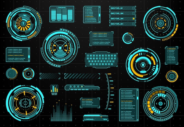 Футуристический сенсорный пользовательский интерфейс HUD с круглыми панелями, клавиатурой и текстовыми полями, а также шкалой. Футуристические элементы графического интерфейса пользователя.