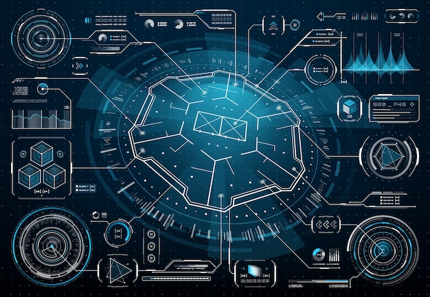 Футуристический пользовательский интерфейс hud, инфографика бизнес-технологий, цифровая приборная панель, диаграмма данных. векторные элементы голограммы, информационные дисплеи, информационные блоки, заголовки выноски пользовательского интерфейса, цифровые полосы в стиле хай-тек