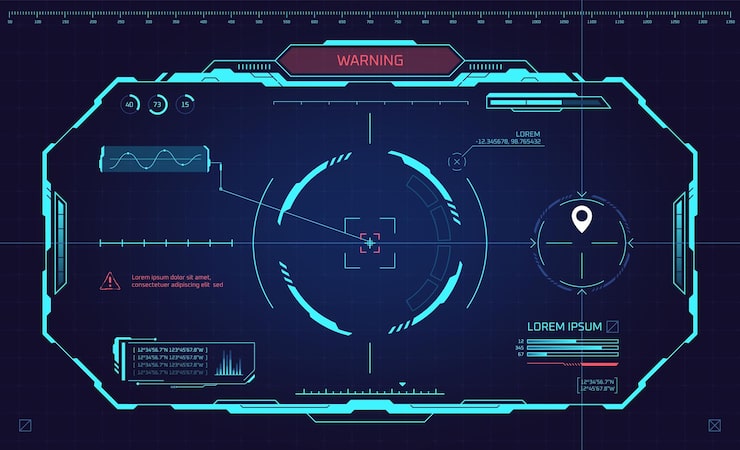 Vector 미래형 안경 또는 우주선 조종석 가상 기술 디지털 인터페이스 뷰파인더 스캐너 프레임 경주 자동 탐색 게임 ui 벡터 그림 ui 게임 인터페이스의 hud 헬멧 보기 vr 대시보드