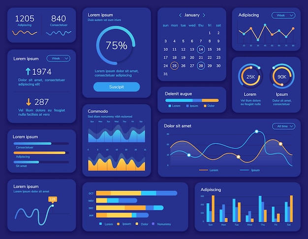 Vector hud interface. futuristic ui screen with data display, statistic graphs, menu and calendar. dashboard info panel and element vector template. presentation structure chart report menu illustration