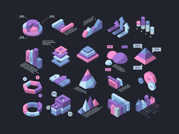 Vector hud isometric. infographic 3d futuristic elements pyramid charts column timelines garish vector business collection. presentation diagram and graph, colorful information pyramid illustration