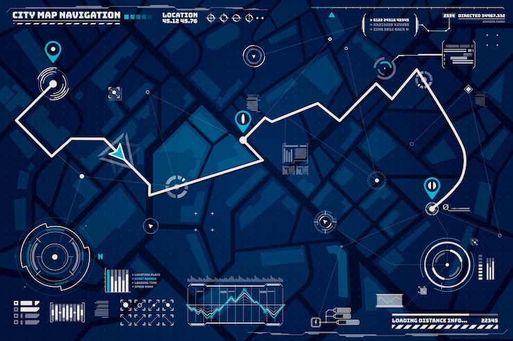 Vector hud navigation background. city map navigation screen interface backdrop with compass, graphs and map points on computer screen. car trip or delivery destination and location route map on city streets