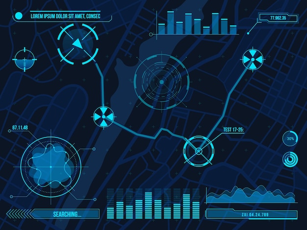 Vector hud navigation map cyber design with aims diagrams and charts futuristic ui for city streets roadmap gps orientation app vector template