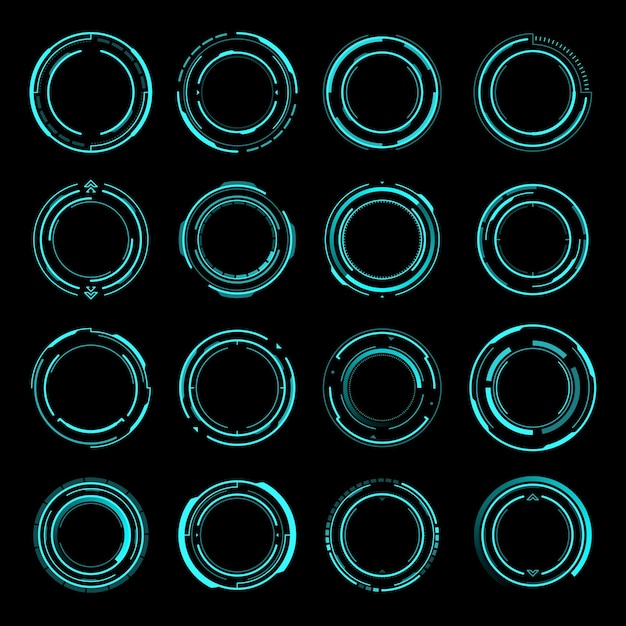 HUD round frames. Aim and target control panels, digital interface of Sci Fi and shooting games