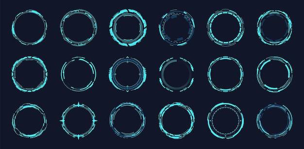 Cornici rotonde hud portale cerchio futuristico nello spazio astratto techno controllo ologramma elementi dell'interfaccia utente sistema digitale scifi computer interfaccia gioco militare sgargiante illustrazione vettoriale