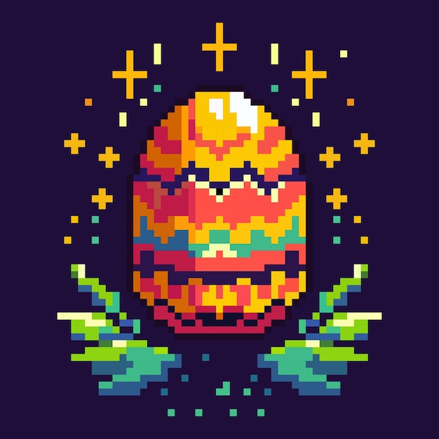 Vector huevo multicolor de pascua sobre hojas en pixel art