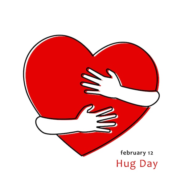 Vettore abbraccio giorno 12 febbraio cuore rosso con le mani abbracciate san valentino settimana linea nera illustrazione vettoriale tratto modificabile