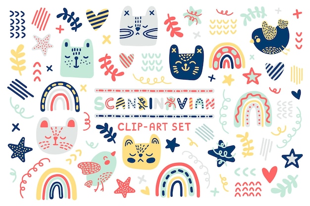 Огромный яркий летний праздничный векторный набор из 70 скандинавских фольклорных клипартов для детских принтов, декора, подарков