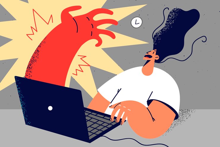 Vector huge hand appear from laptop