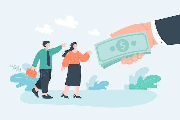 Vector huge hand giving salary or loan to business people. man offering money to employees, bonus flat vector illustration. career growth, investment, finances concept for banner or landing web page