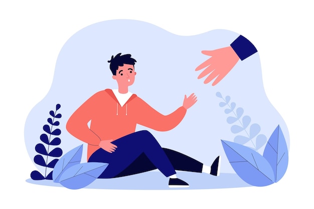 Huge hand offering help to boy sitting on ground. fallen male character reaching for help flat vector illustration. assistance, community, friendship concept for banner, website design or landing page