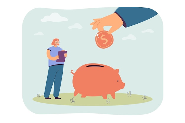 Huge hand putting coin into piggy bank flat vector illustration. tiny girl with clipboard counting her savings, investing money. economy, finance concept for banner, website design or landing web page