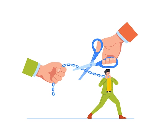 Vector huge hand with scissors cuts the chain attached to a businessman held by another hand symbolizing freedom