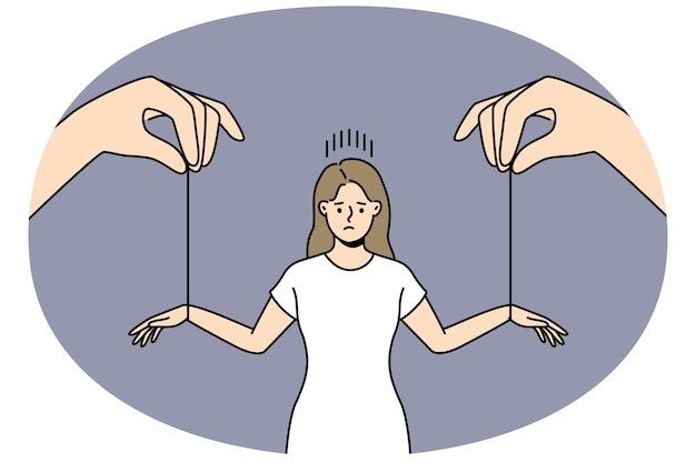 Vector huge hands manipulate stressed woman