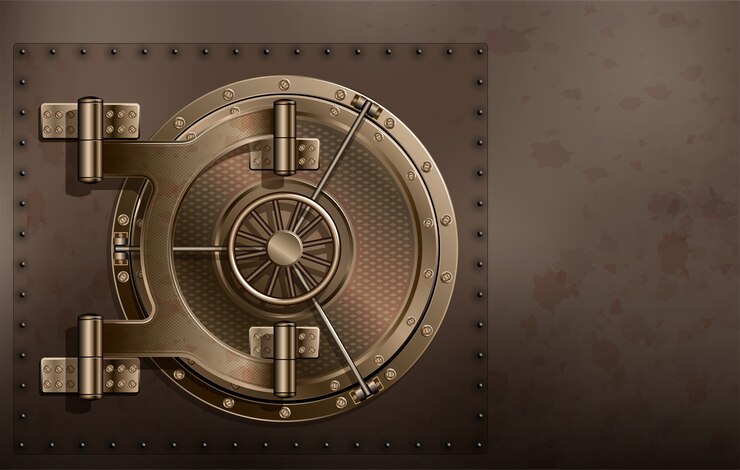 Vector a huge metal round safe door. reliable saving of secrets and passwords.