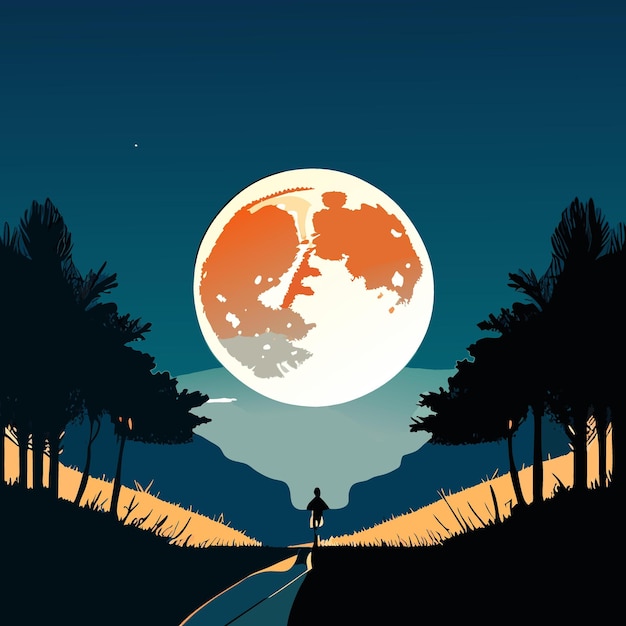 Vector a huge moon in the night sky over the se vector illustration flat