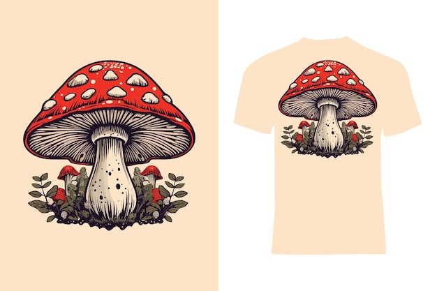 작은 버전과 잎이 있는 거대한 버섯과 터 스타일의 티셔츠 디자인