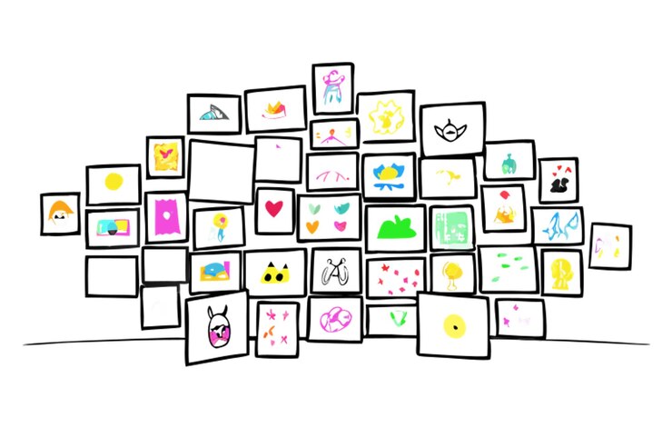 Vector a huge number of childrens drawings on the wall icon