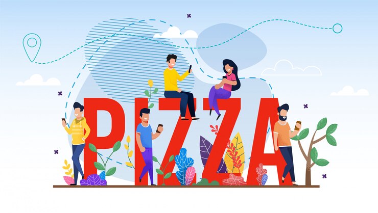 Vector 거대한 피자 단어와 작은 사람들이 온라인으로 주문합니다