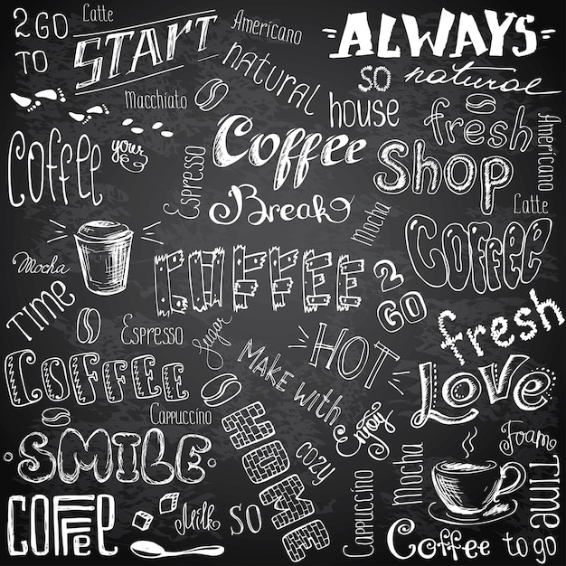 Huge Set of different hand drawn coffee elements lettering text cups mugs and beans