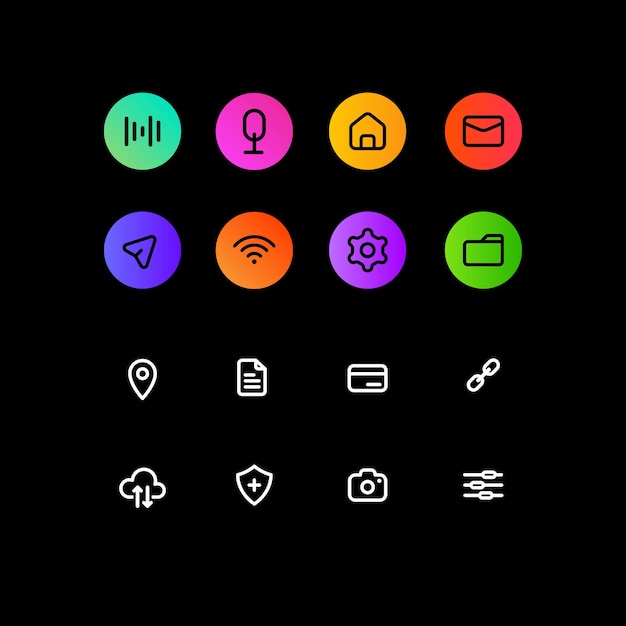 huge set of social media icons user interface buttons in minimalistic colorful design on black background internet connection settings geolocation message and etc web element for mobile app