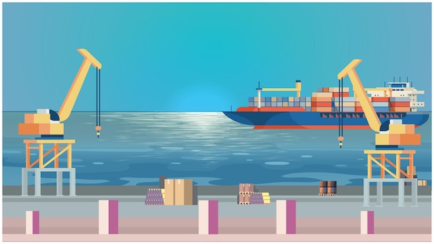 Huge ship carrying goods container to a port for 2d cartoon animation