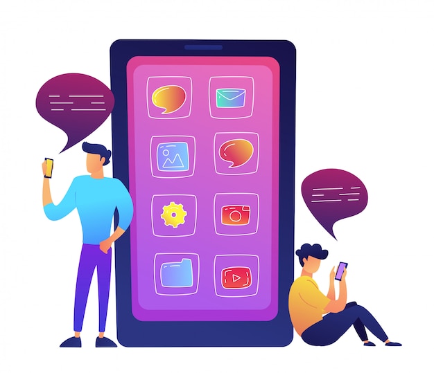 Huge smartphone with apps icons and two users communicating with social media vector illustration.