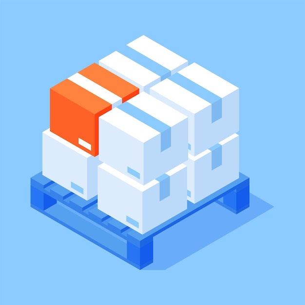 Huge stack cardboard boxes parcel package on pallet for transportation and storage isometric vector