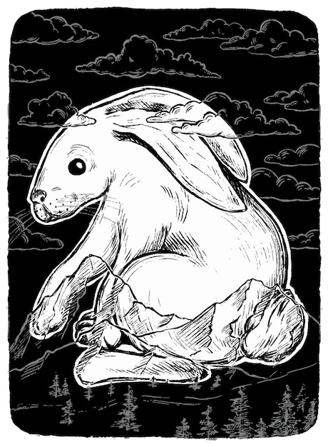 山の中の巨大な白いウサギ。モノクロの手描きのベクトルイラスト。白で隔離の抽象的なレトロなグラフィックの描画。デザイン、装飾のための要素。
