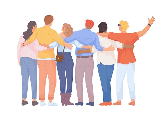 Vector hugging backs group people hugs friends back view embrace diverse students team friendship unity teen school together family relationship teamwork flat swanky vector