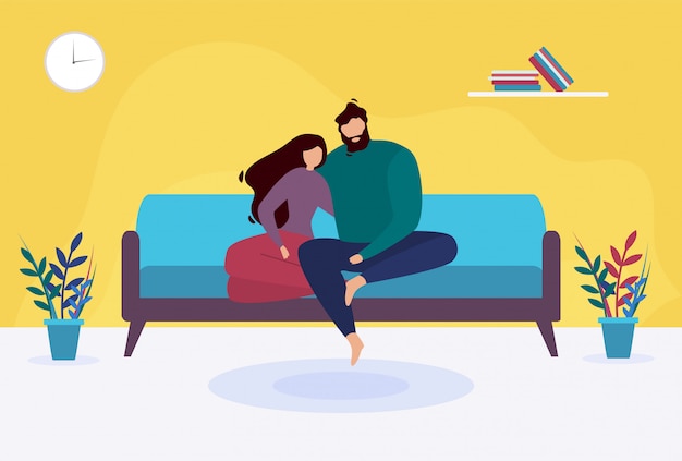 Vector hugging couple in love sit together on sofa illustration